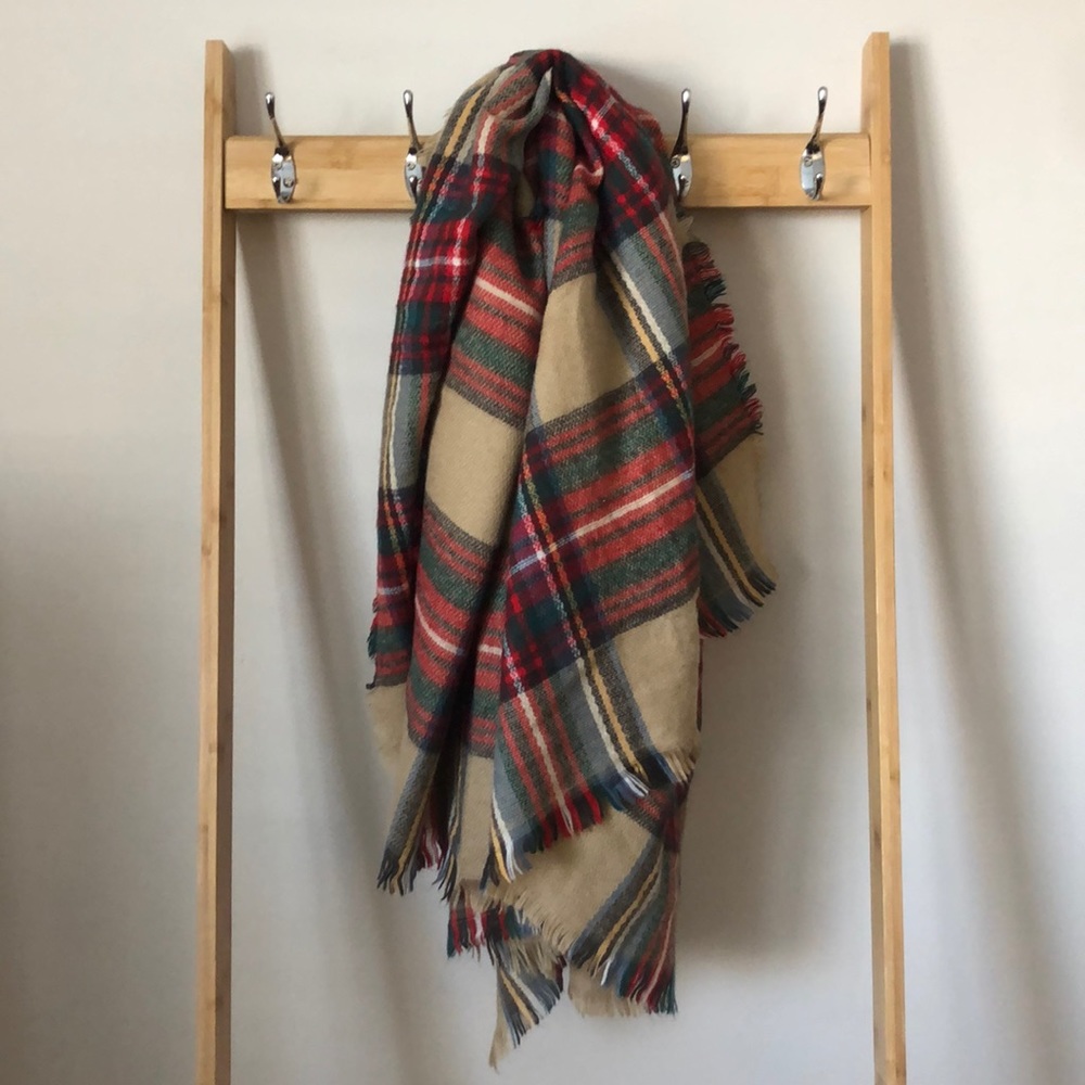 Plaid blanket scarf with frayed edges